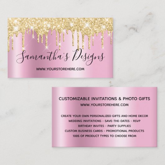 Carte De Visite Gold Glitter Drips Pink Shimmer Online Store (Devant / Derrière)