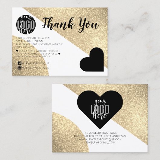 Carte De Visite Gold Glitter Geo Heart Logo Customer Thank You (Devant / Derrière)