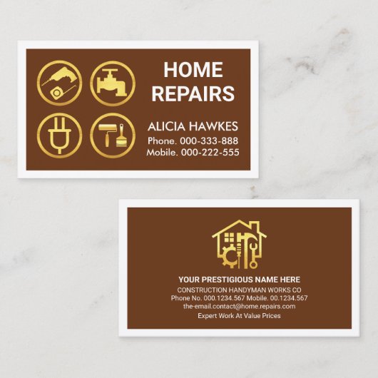 Carte De Visite Gold Handyman Tools Brown Frame (Devant / Derrière)