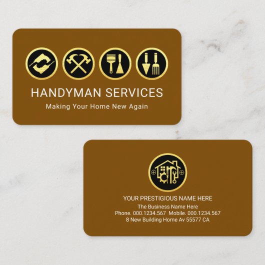 Carte De Visite Gold Handyman Tools On Brown Layer (Devant / Derrière)