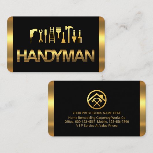 Carte De Visite Gold Handyman Tools On Gold Layers (Devant / Derrière)