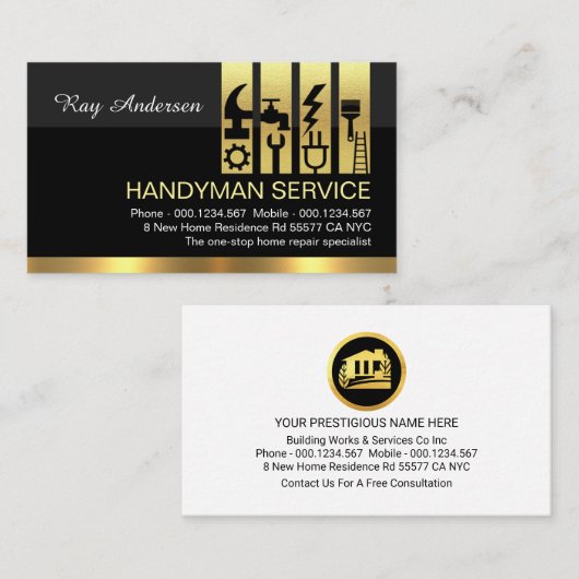 Carte De Visite Gold Handyman Tools Tab Building Construction (Devant / Derrière)