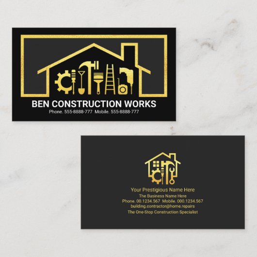 Carte De Visite Gold Home Handyman Tools Frame (Devant / Derrière)