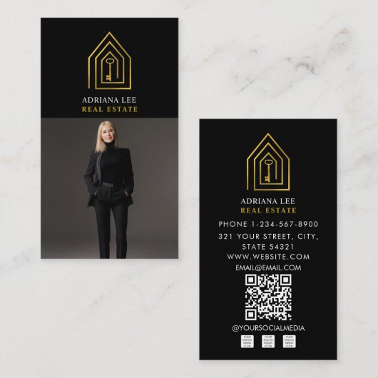 Carte De Visite Gold Key Photo Real Estate Agent QR Code Black (Devant / Derrière)