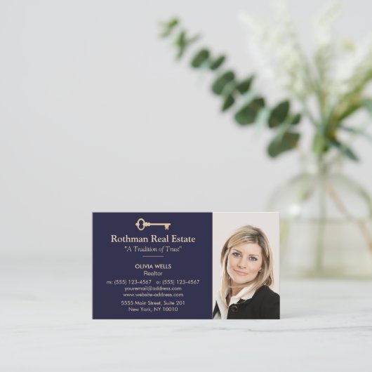 Carte De Visite Gold Key Real Estate Agent Ajouter Photo Navy (Debout devant)