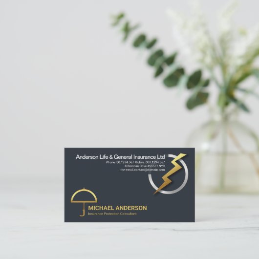 Carte De Visite Gold Lightning Silver Globe Assurance Protection (Debout devant)