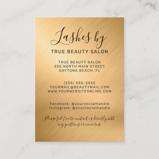 Carte De Visite Gold Metallic Lash extensions Aftercare Icon (Dos)