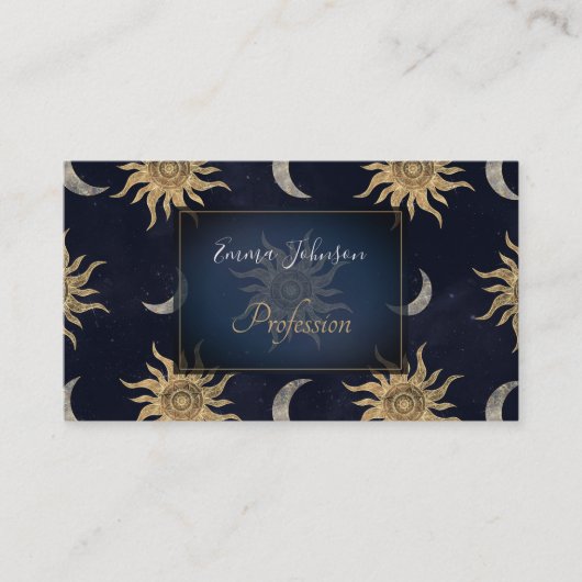 Carte De Visite Gold Moon Sun Mandala Blue Night Sky Motif (Devant)