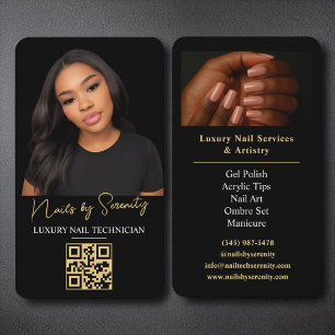 Carte De Visite Gold Nails Technician QR Code Luxe Noir