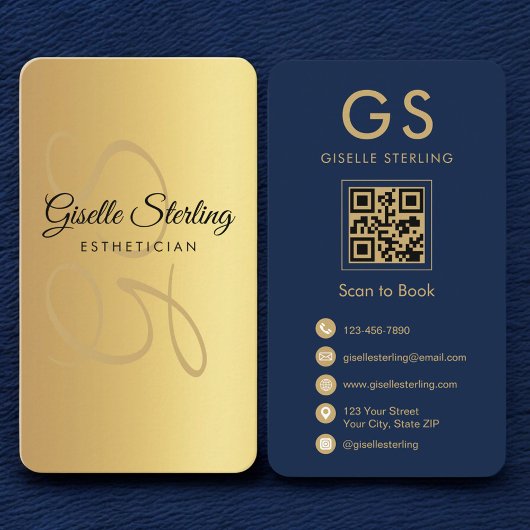 Carte De Visite Gold Navy Blue QR Code Esthétique Monogramme