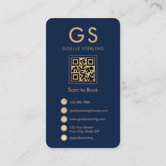 Carte De Visite Gold Navy Blue QR Code Esthétique Monogramme (Dos)