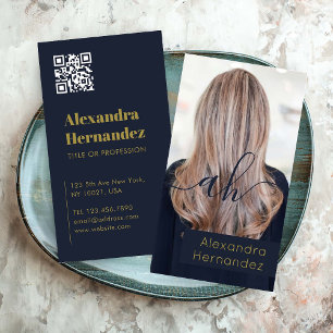 Carte De Visite Gold Navy Maquillage de cheveux bleu photo Code Qr