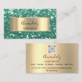 Carte De Visite Gold Parties scintillant QR Code Logo Mint Green E (Devant / Derrière)