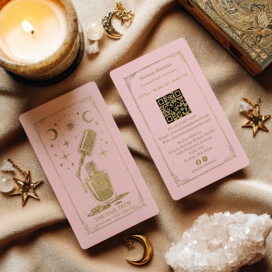 Carte De Visite Gold Pink Celestial Tarot Nail artist QR Code