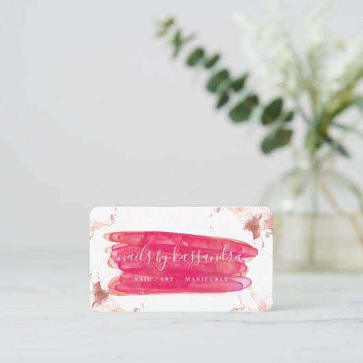 Carte De Visite Gold & Pink Clou Polonais Brush Strot & Script Nom (Debout devant)