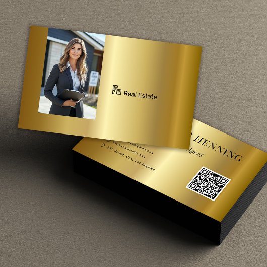 Carte De Visite Gold Professional Real Estate Agent Photo QR Code