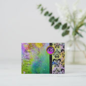 Carte De Visite GOLD PURPLE SPARKLING DAMASK MONOGRAM vert jaune (Debout devant)