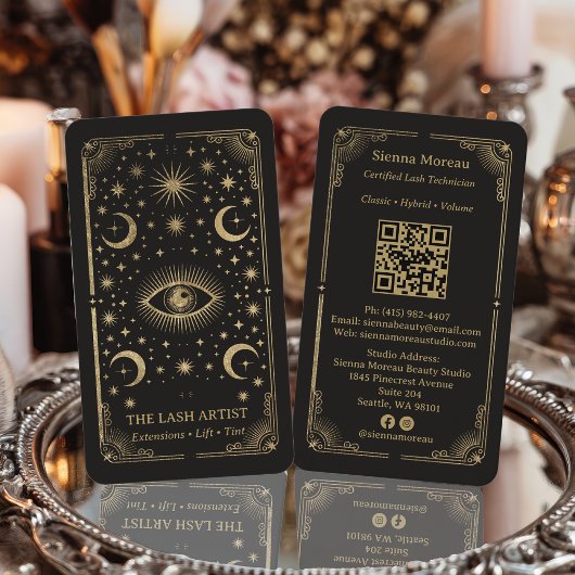 Carte De Visite Gold Retro Celestial Tarot Lash Artist QR Code