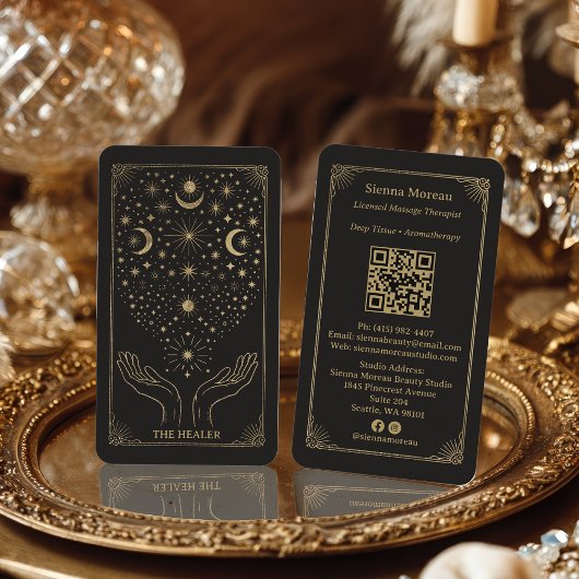 Carte De Visite Gold Retro Celestial Tarot Massage Reiki QR