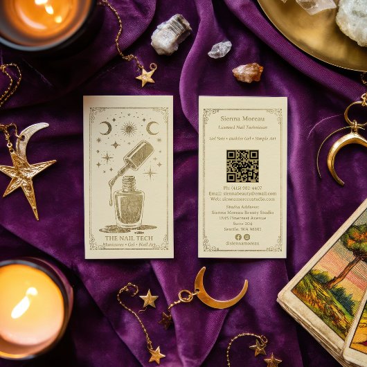 Carte De Visite Gold Retro Celestial Tarot Nail artist QR Code