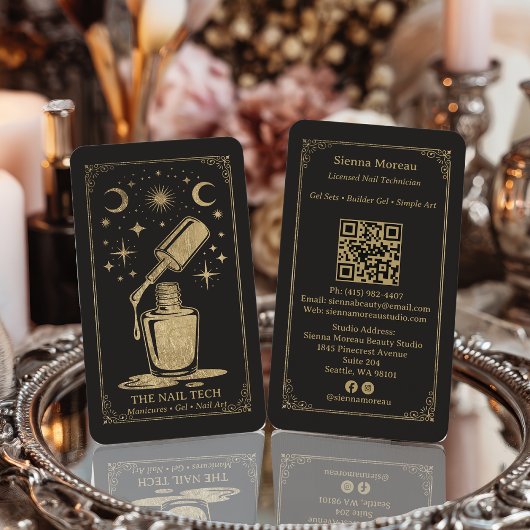 Carte De Visite Gold Retro Celestial Tarot Nail artist QR Code