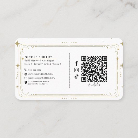 Carte De Visite Gold Stars Night Celestial Sunburst Moon QR (Dos)