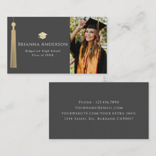 Carte De Visite Gold Tassel & Casquette Dark Grey Photo Graduation