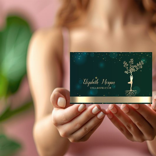 Carte De Visite Gold Tree Femmes Silhouette Yoga Instructeur Vert