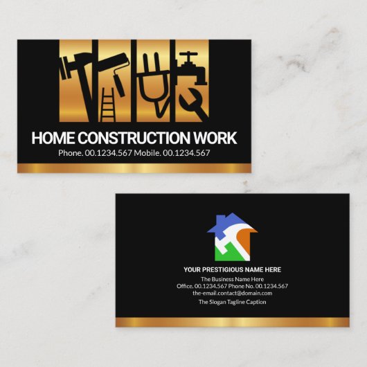 Carte De Visite Gold Vertical Construction Handyman Tool Stripes (Devant / Derrière)