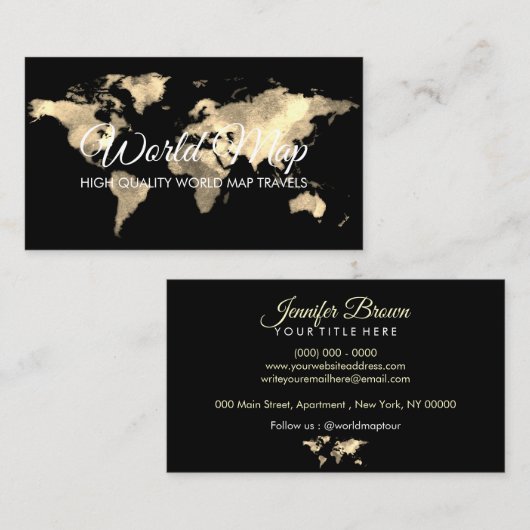 Carte De Visite Gold World Map Trip Globe Travel Agent (Devant / Derrière)