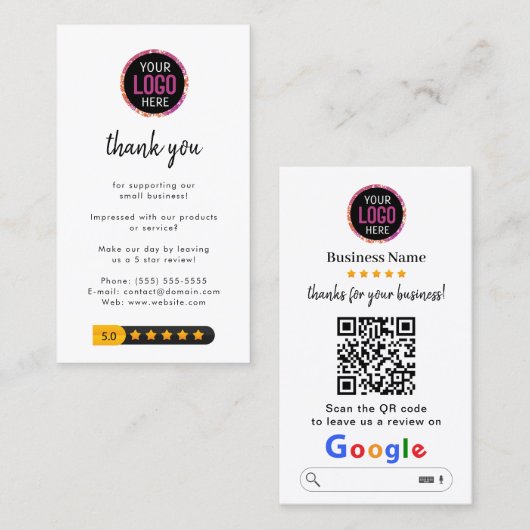 Carte De Visite Google Avis | Business Review Link QR Code (Devant / Derrière)