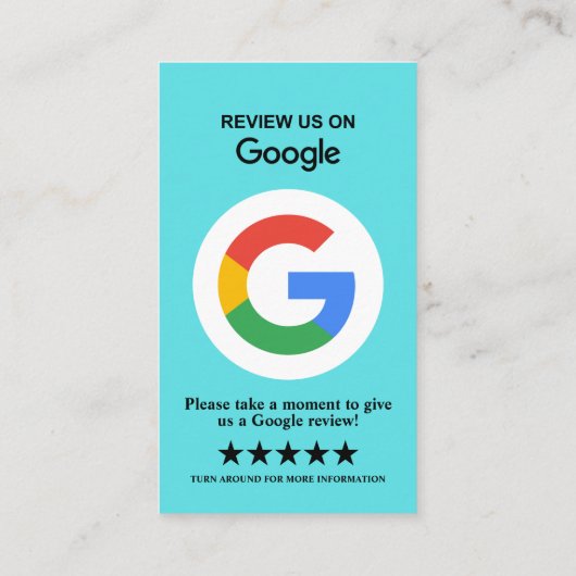 Carte De Visite Google Avis | Business Review Turquoise QR Code (Dos)