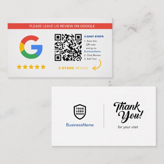 Carte De Visite Google Avis | Merci de code QR professionnel (Devant / Derrière)