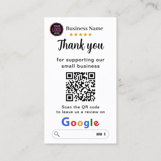 Carte De Visite Google Critiques Avec Merci Et Code QR (Dos)