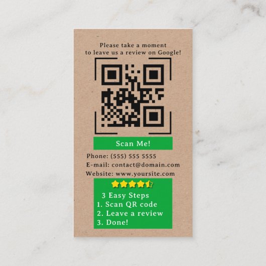 Carte De Visite Google Review QR Code Lien Kraft Rustique (Dos)