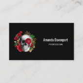 Carte De Visite Goth Crâne avec Fleurs rouges et Feuilles d'or (Devant)