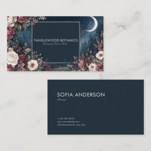 Carte De Visite Gothic Fairytale Celestial Moon Burgundy Rose (Devant / Derrière)