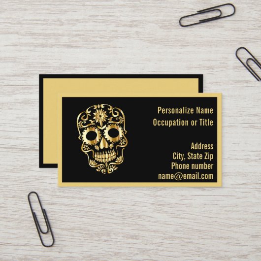 Carte De Visite Gothic Gold Skeleton Skull on Black (Devant/Arrière en situation)