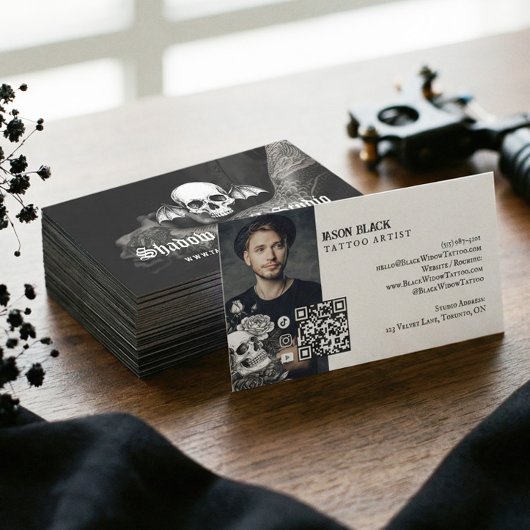 Carte De Visite Gothic Skull Tattoo Artist Studio Photo QR Code 