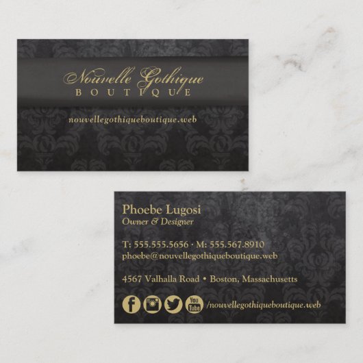 Carte De Visite Gothique noir & or Damask (Devant / Derrière)