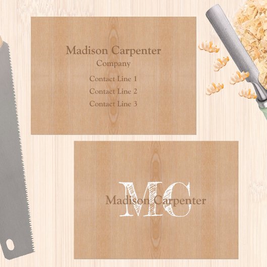 Carte De Visite Grain de bois brun clair Monogramme de menuisier