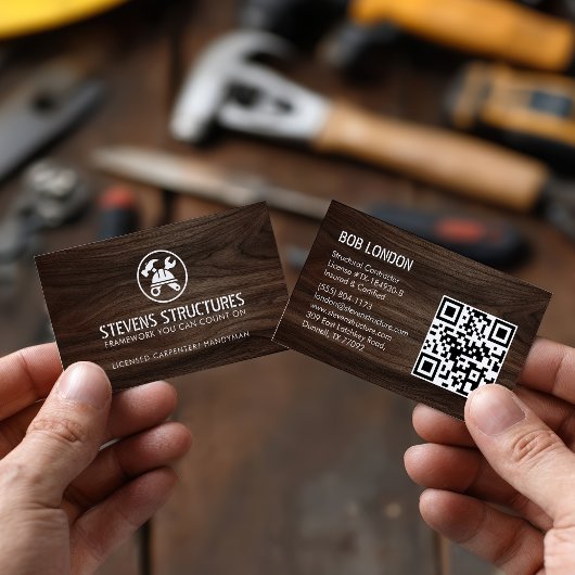 Carte De Visite Gras Dark Wood Construction QR Code Entrepreneur