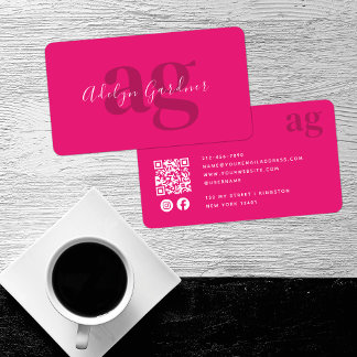Carte De Visite Gras QR Code Hot rose Monogramme Script Médias soc