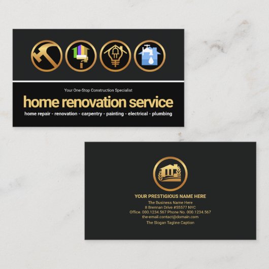 Carte De Visite Gray Black Layers Gold Construction Handyman Outil (Devant / Derrière)