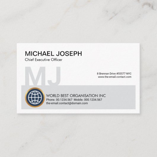 Carte De Visite Gray Block Monogramme Nom Initiales PDG Fondateur (Devant)