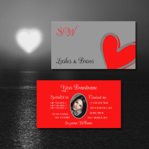 Carte De Visite Gray Red mou Coeur chic avec Monogramme et photo