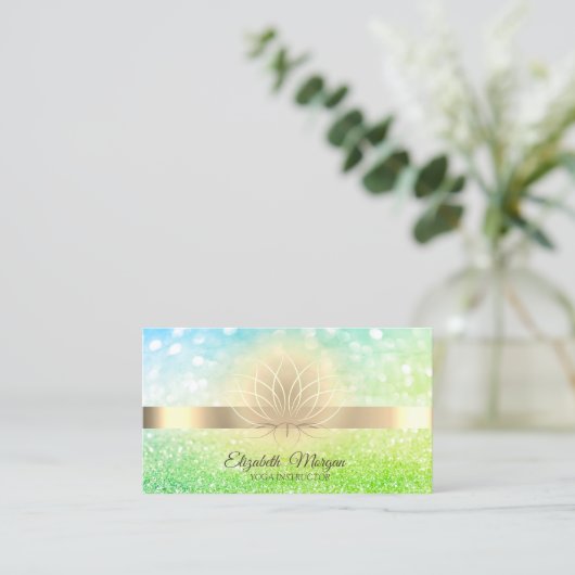 Carte De Visite Green Bokeh Gold, instructeur de Lotus Yoga (Debout devant)
