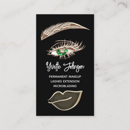 Carte De Visite Green Eyelash Brows logo de maquillage QRCode Gold (Devant)