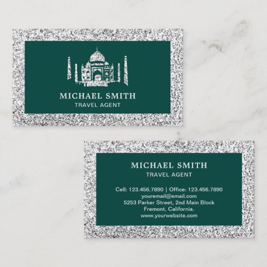 Carte De Visite Green Faux Silver Parties scintillant Taj Mahal Ag (Devant / Derrière)