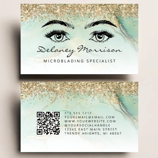 Carte De Visite Green Gold Marble Eyes QR Code Microblading
